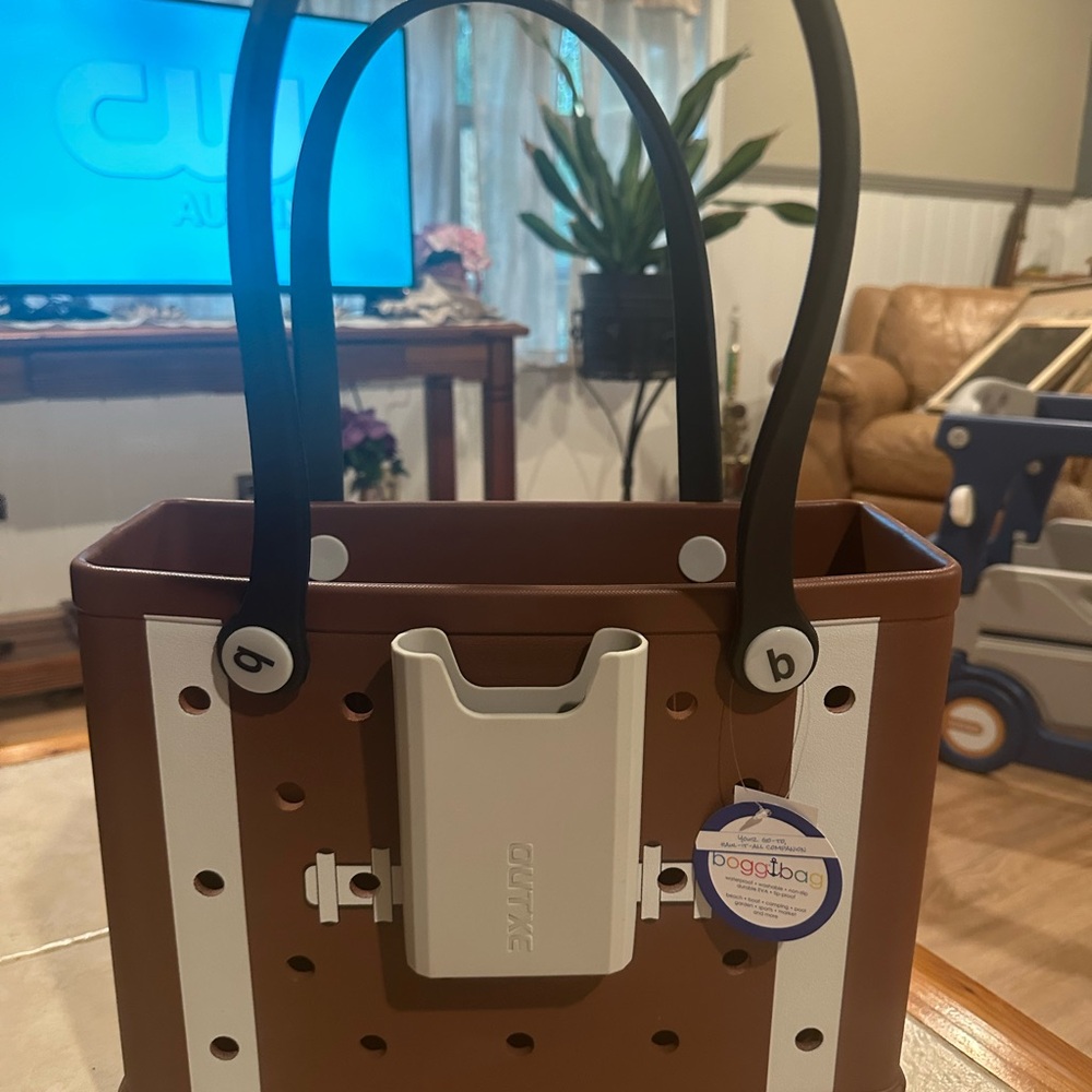 Brown and White Football Bogg Bag with phone holder